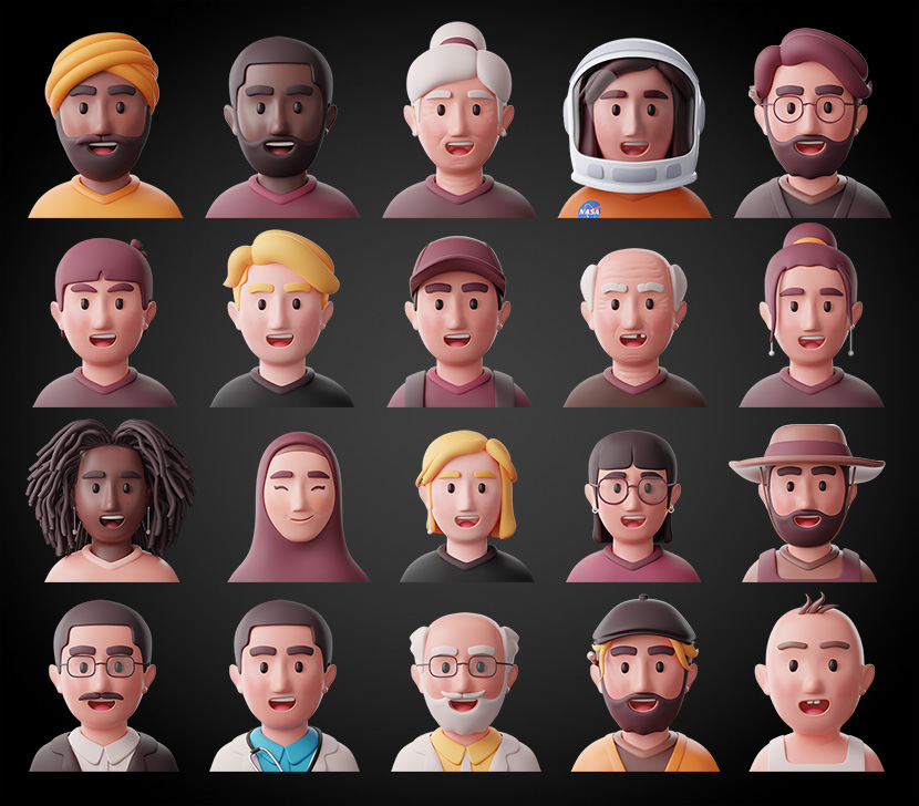 20款Blend创意fbx立体卡通人物头像C4D模型黑人宇航员艺术家