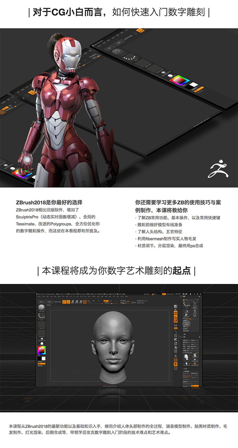 ZBrush教程新中文雕刻设计素材视频4r7 4r8 2019硬表面建模zb笔刷