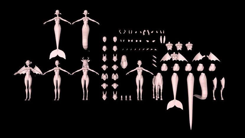 动漫基础低四边面精灵鱼尾女性人物组件C4D模型OBJ格式3d素材