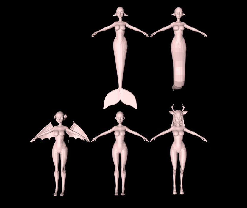 动漫基础低四边面精灵鱼尾女性人物组件C4D模型OBJ格式3d素材