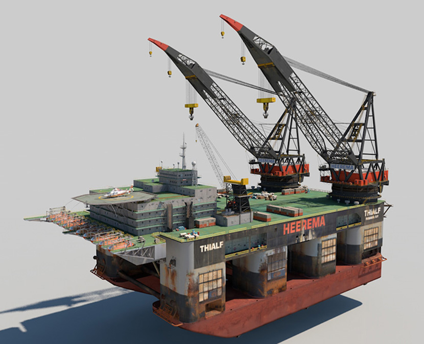 海上石油钻机双吊船C4D模型电影游戏道具创意场景3D模型素材