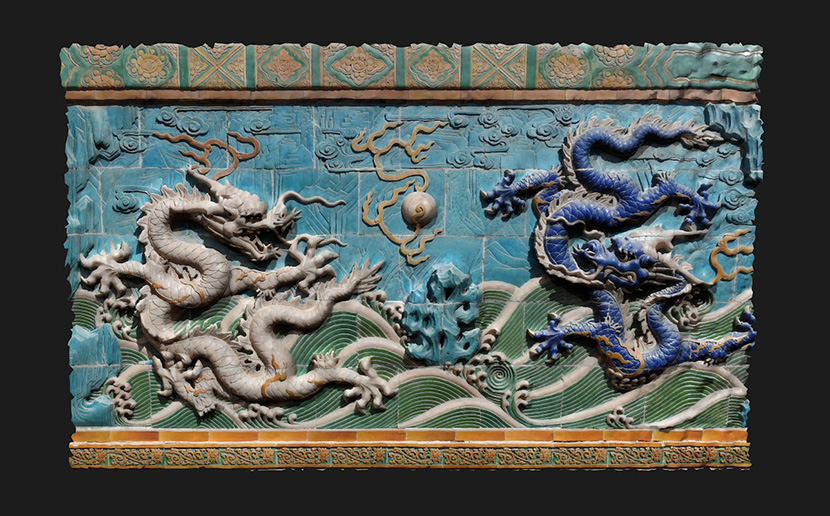 C4D中国风传统二龙戏珠影壁墙浮雕FBX模型九龙壁3D模型素材