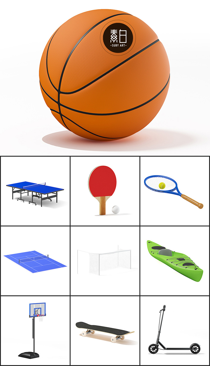 26套体育运动项目器械C4D模型合集乒乓网球拍足球篮球拳手套