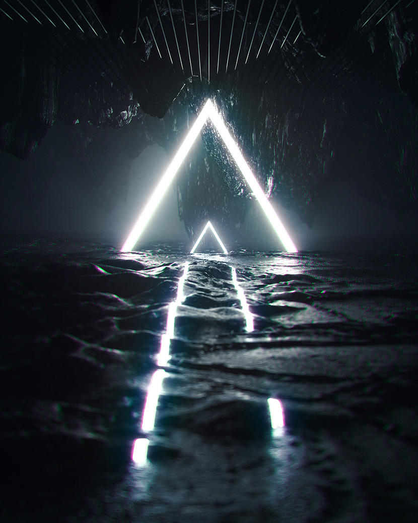 3款海洋湍流旋转扭曲的风眼溶洞中的发光物体创意C4D工程
