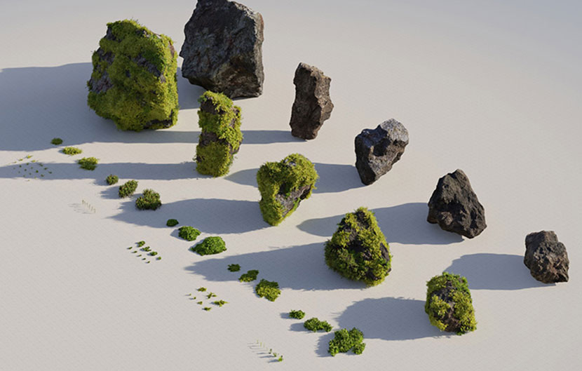 各色苔藓蕨类植物爬满青苔石头岩石blend场景C4D模型3d素材