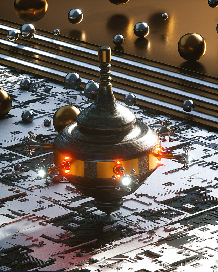旋转的科幻陀螺仪C4D OC动画工程创意场景3D模型素材