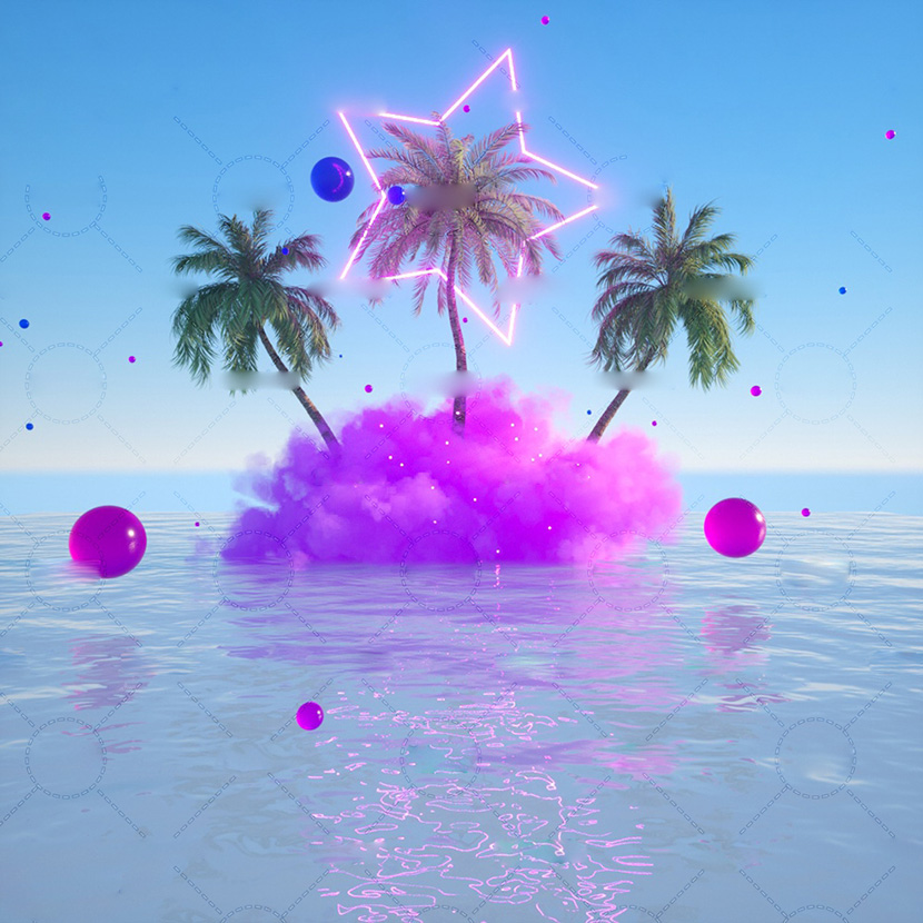 海洋烟雾中的椰子树C4D Oc模型创意场景