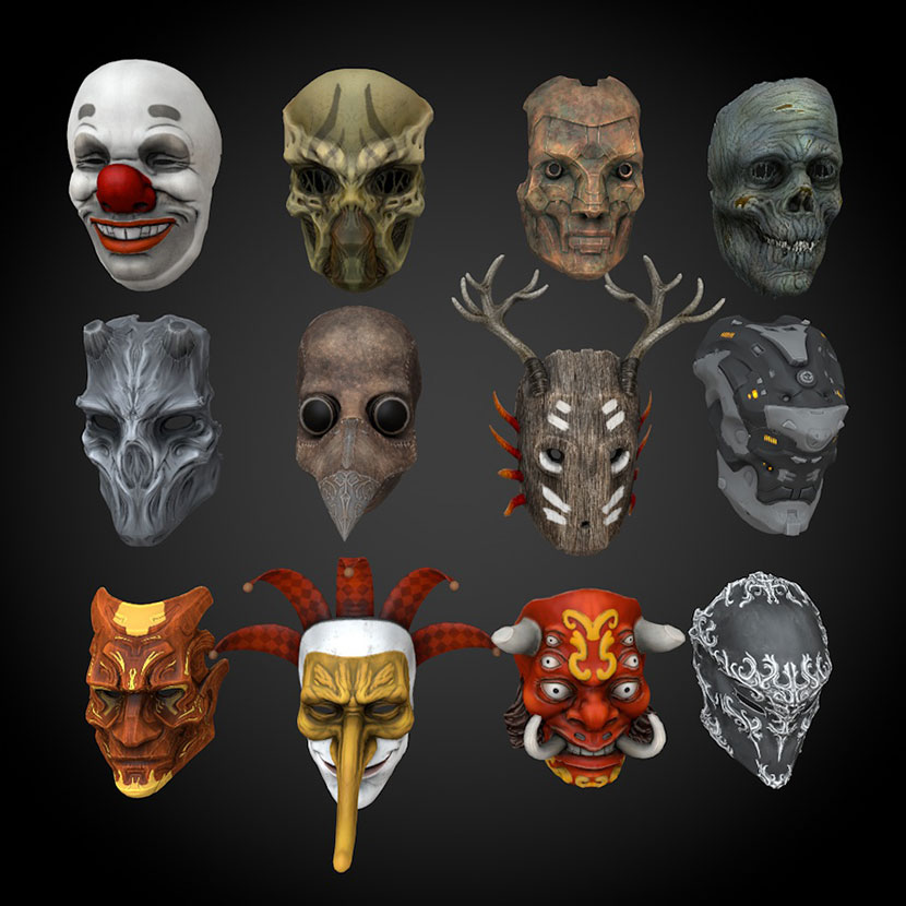 12款各色面具c4d模型游戏boss合金脸谱怪兽红鼻小丑创意素材