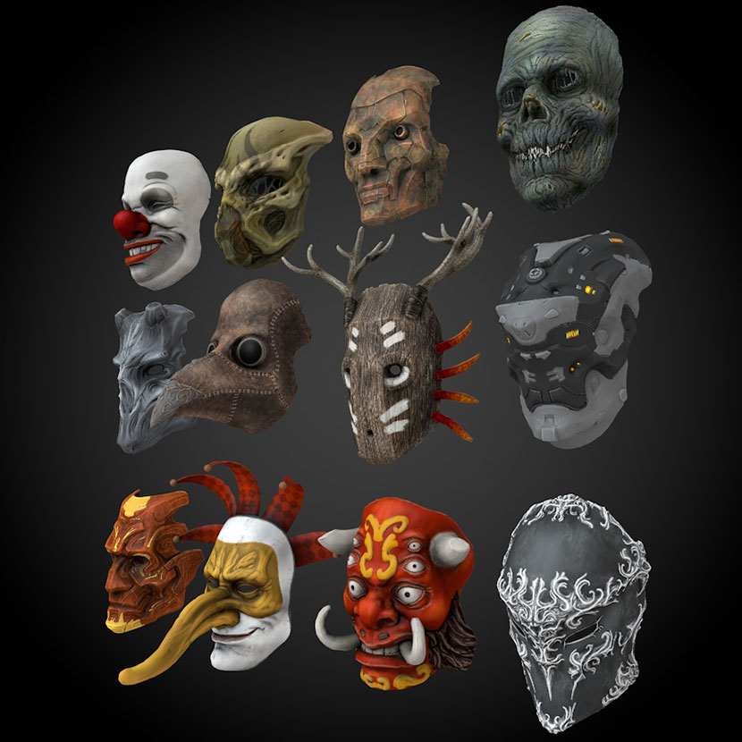 12款各色面具c4d模型游戏boss合金脸谱怪兽红鼻小丑创意素材