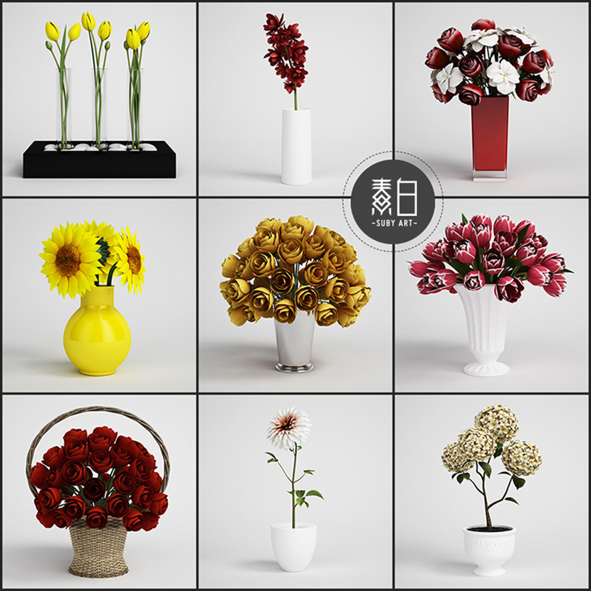 25个室内鲜花插花C4D模型合集百合郁金香兰花玫瑰蝴蝶兰