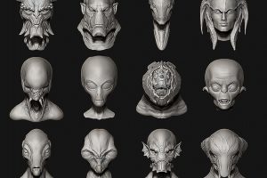 C4D科幻机甲头盔外星人男女头部+帽子3D模型素材OBJ STL合集