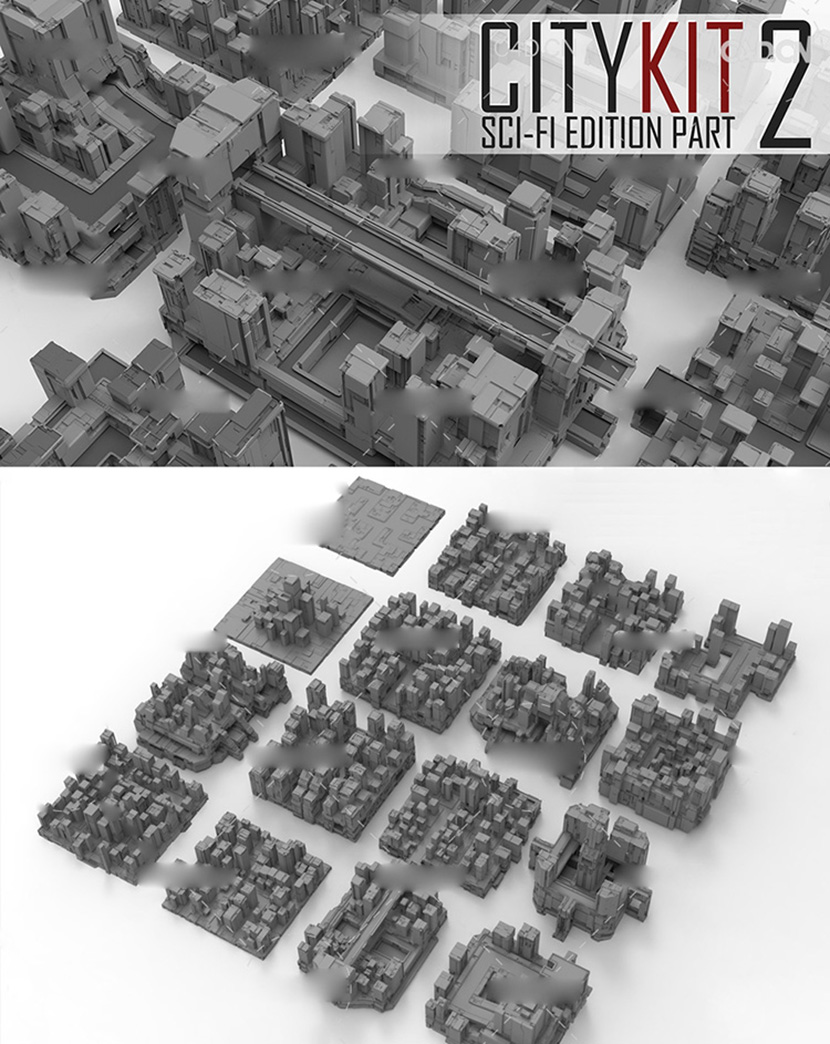 16组科幻城市建筑C4D模型白模无材质创意场景3D模型素材