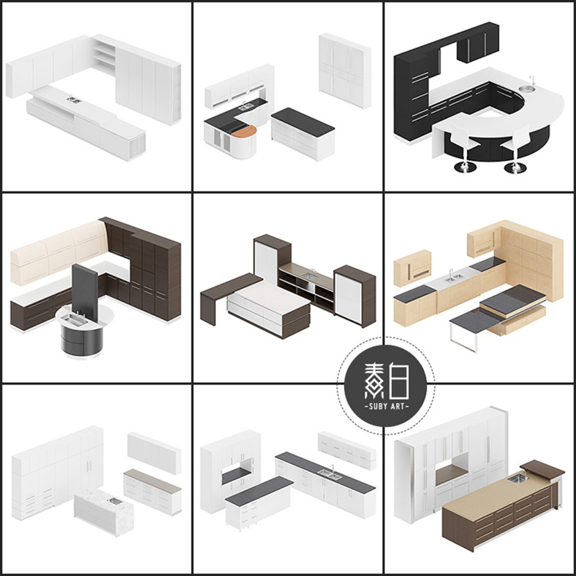 21套厨房橱柜整体厨具C4D模型合集现代室内设计3D素材
