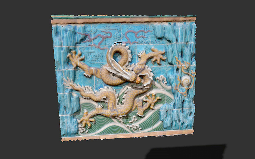 C4D传统建筑九龙壁影壁墙浮雕二龙戏珠FBX模型创意场景3D素材