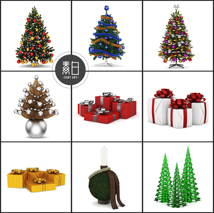 30套圣诞节装饰品C4D模型圣诞树花环巧克力礼品盒