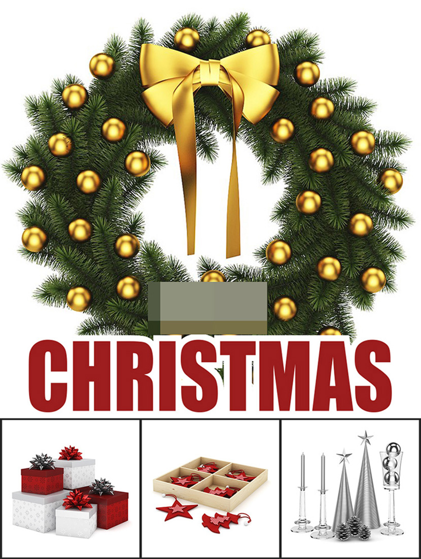 30套圣诞节装饰品C4D模型圣诞树花环巧克力礼品盒