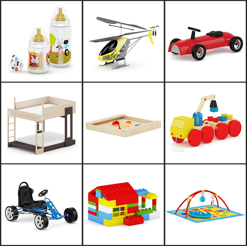 30套儿童玩具C4D模型合集玩具车木马直升飞机积木儿童床画板