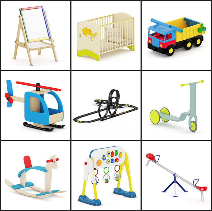 30套儿童玩具C4D模型合集玩具车木马直升飞机积木儿童床画板