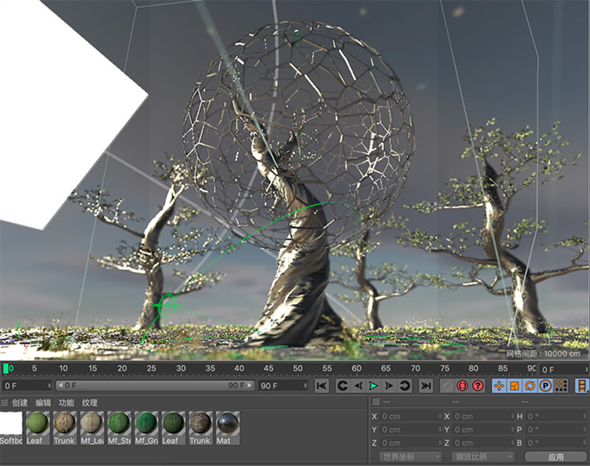 C4D枯树网格圆球科幻场景工程创意场景3D模型素材