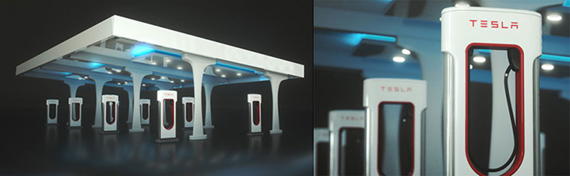电动汽车充电桩 特斯拉充电站C4D模型创意场景3D模型素材