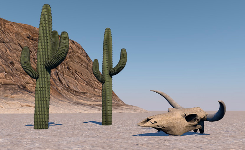 仙人掌与牛头骨C4D模型沙漠创意场景3D模型素材