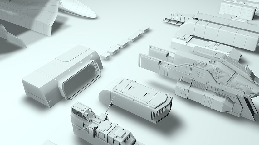 49个Scifi科幻宇宙飞船建筑装饰组件C4D模型3D素材OBJ格式