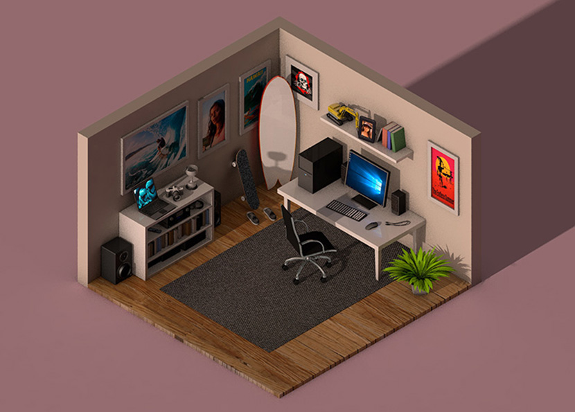 微观室内房间小场景C4D模型3D渲染建模桌子电脑椅子书架素材