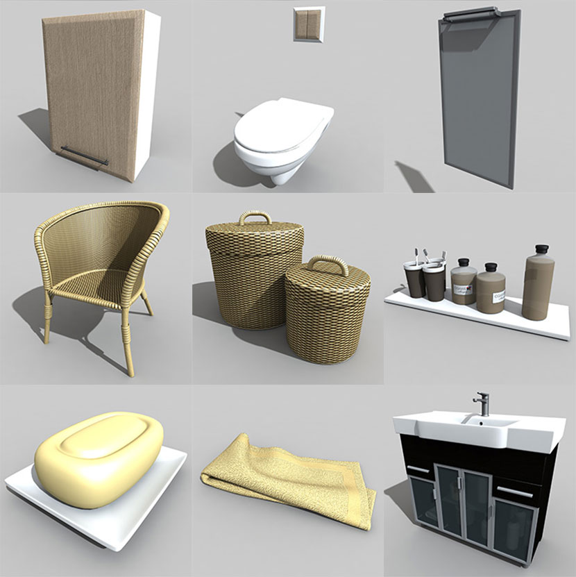 41个浴室家具C4D模型梳洗台柜子藤椅藤篮马桶香皂牙刷3D素材