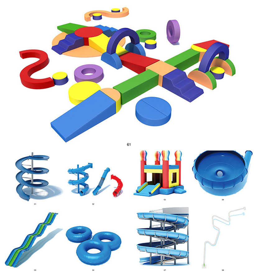 61款水上游乐园游乐场玩具设施沙滩椅滑梯C4D模型设计素材库