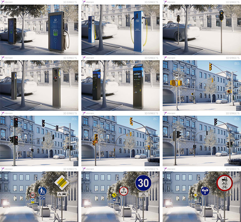 街道公共设施道路景观绿植交通标识车站伞长椅C4D模型3d素材
