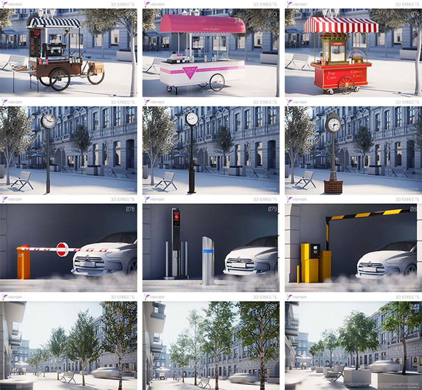 街道公共设施道路景观绿植交通标识车站伞长椅C4D模型3d素材