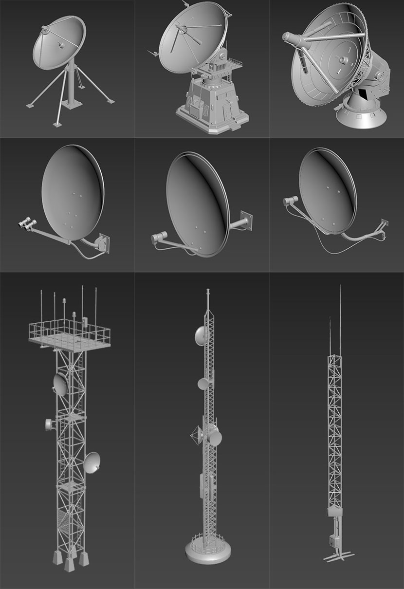 20个卫星天线通信信号接收发送设备C4D模型合集
