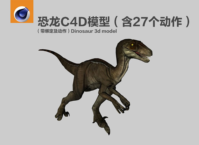 恐龙C4D模型 含20个动作带绑定及动作