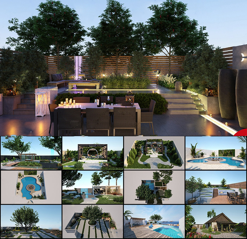 20个别墅水池户外花园景观场景C4D模型FBX中欧式花园3D休息区