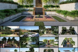20个别墅水池户外花园景观场景C4D模型FBX中欧式花园3D休息区