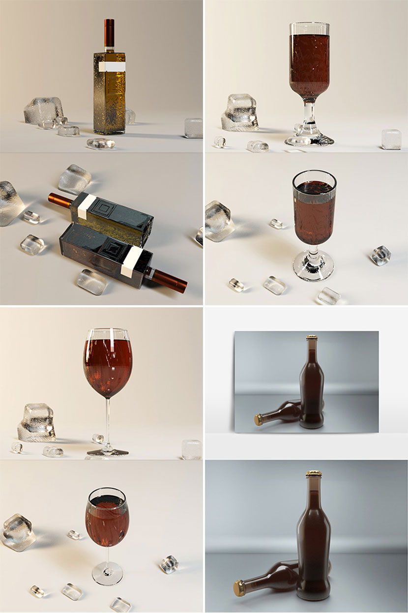 创意场景异形玻璃洋酒威士忌杯酒瓶C4D模型渲染工程3d素材集