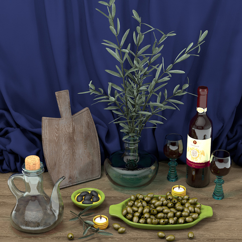 餐桌食品拍摄布景装饰静物C4D模型创意场景3D玻璃酒瓶壶素材