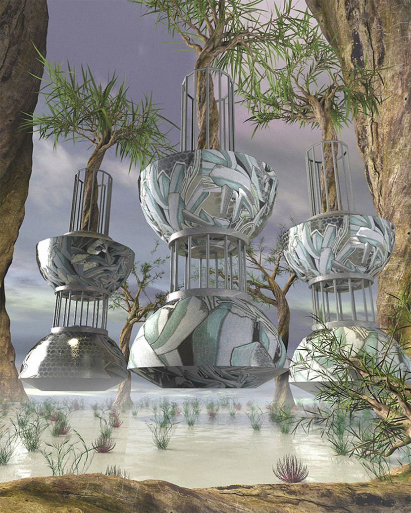 C4D外星悬浮的盆栽树创意工程创意场景3D模型素材