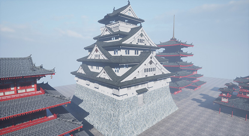 日式风格建筑3D模型寺庙塔楼古代建筑木结构楼房3D创意场景