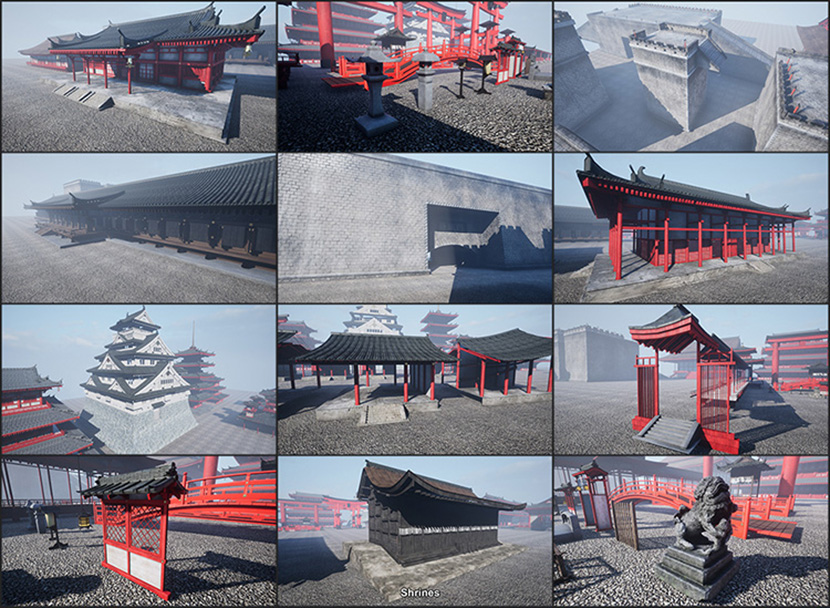 日式风格建筑3D模型寺庙塔楼古代建筑木结构楼房3D创意场景