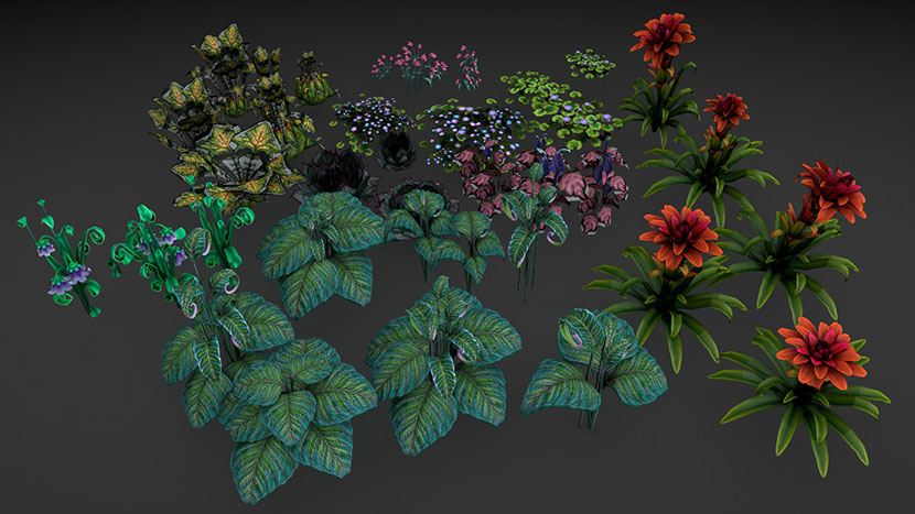 2套blend低面幻想科幻游戏道具虚拟绿色植物花卉果蔬c4d模型