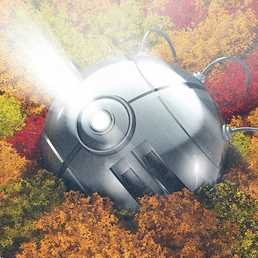 C4D落在树林中的圆型金属飞行器创意工程创意场景3D模型素材