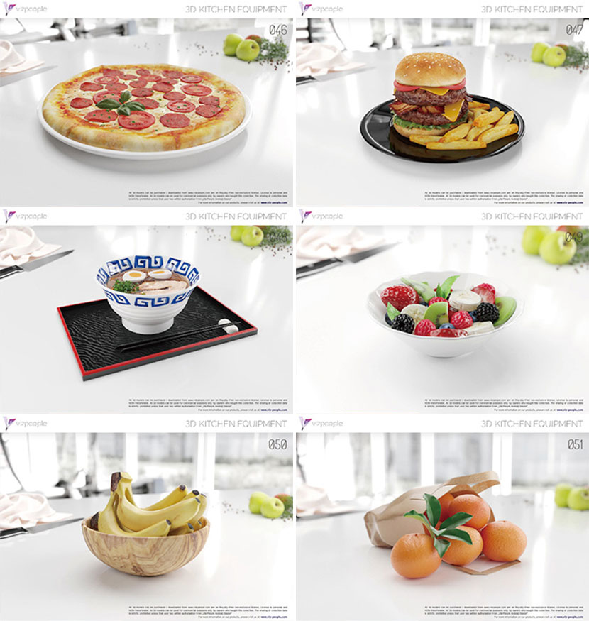 餐饮美食物水果寿司披萨汉堡面包香蕉橘子C4D模型3d立体素材