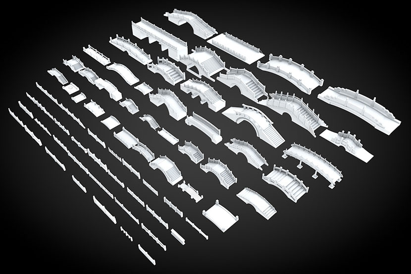 70+款blend中式园林元素户外拱桥建筑C4D模型护栏3d合集白模