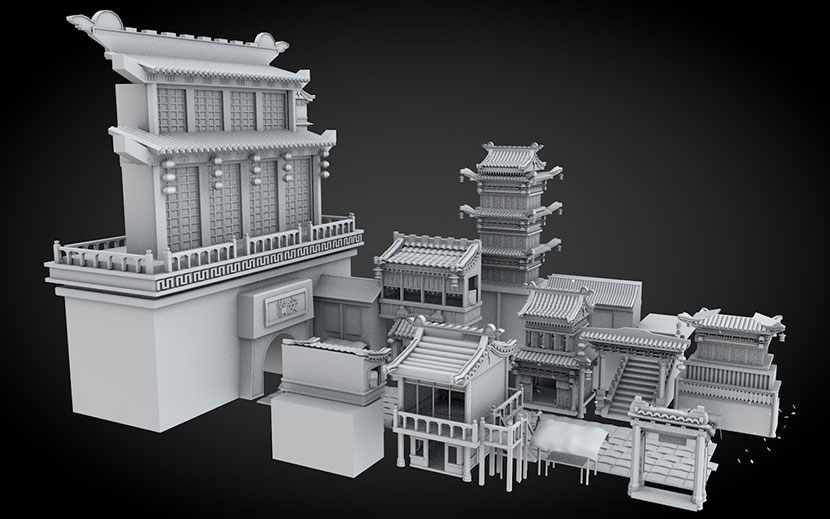 blend中国风特色古建筑fbx临安古城街道C4D模型3d素材obj白模