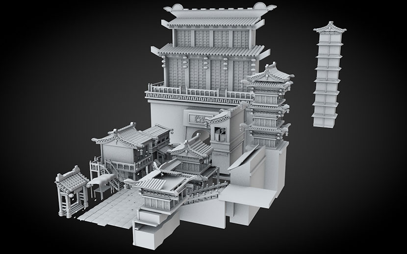 blend中国风特色古建筑fbx临安古城街道C4D模型3d素材obj白模