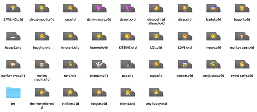 32个可爱的Emoji表情包c4d模型开心愤怒郁闷恶魔惊恐爱恋思考