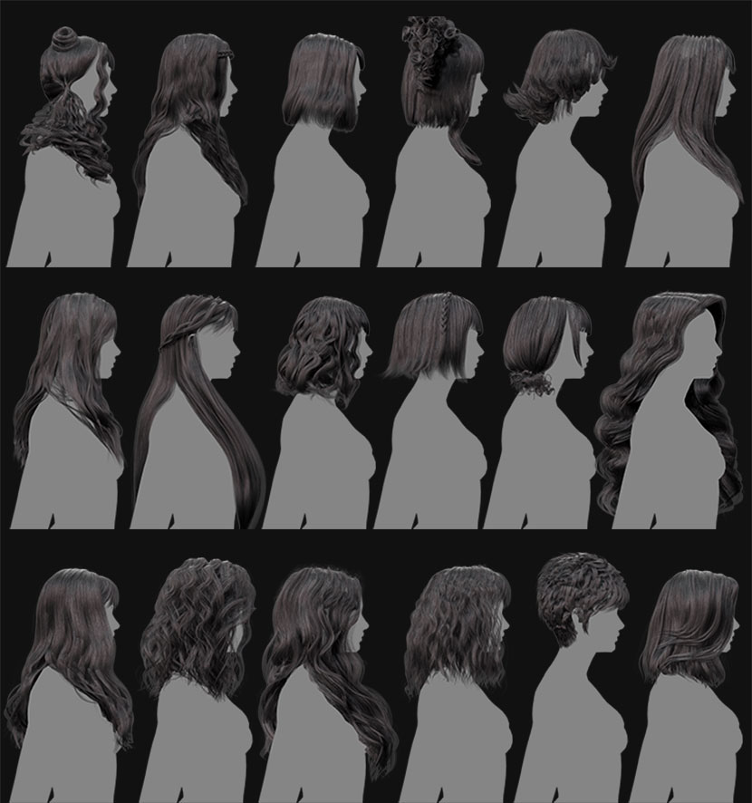 时尚obj女性女生头发fbx直发卷发C4D模型游戏人物角色3d素材