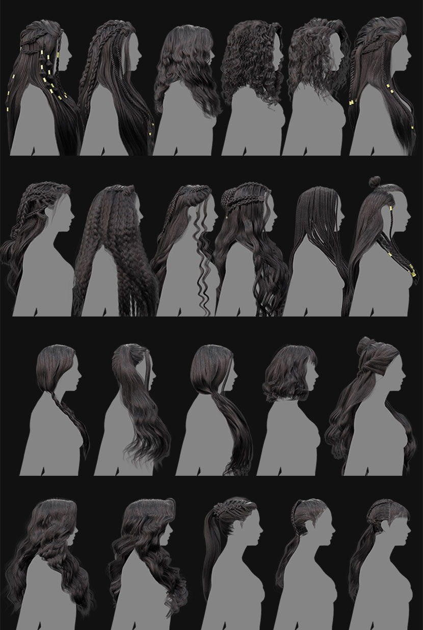时尚obj女性女生头发fbx直发卷发C4D模型游戏人物角色3d素材