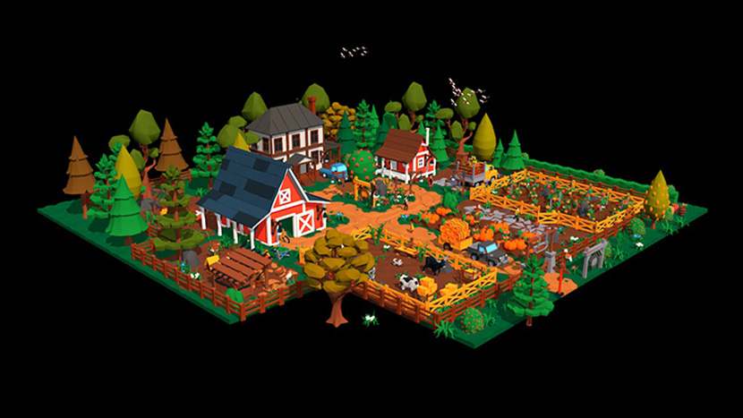 C4D低面多边形农场田园生活创意场景模型建筑植物机械树动物